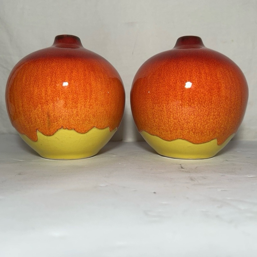 2 Drip Glaze Red Orange Yellow Bud Vase Roy Crate & Barrel Art Pottery 5” Pair
